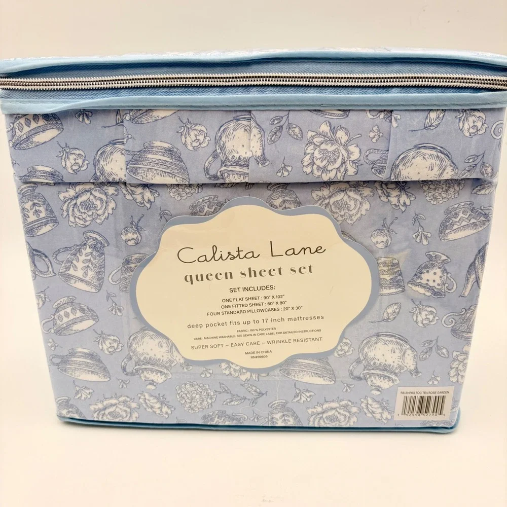 Calista Lane Queen Sheet Set 6pc Tea Rose Garden Blue Floral Toile Deep Pocket
